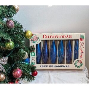 Vintage Blue Glass Christmas Ornaments Set of 6 in Original Box